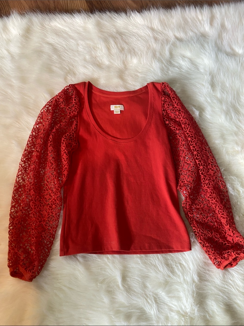 Anthropologie Red Lace Balloon-Sleeve Scoop Neck Top